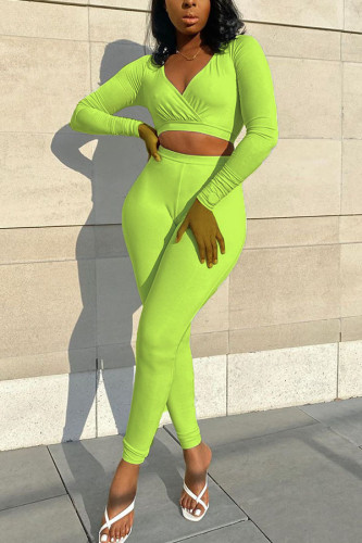 Fluorescerande grönt Mode Casual vuxen fru Solid tvådelad kostym penna långärmad tvådelad