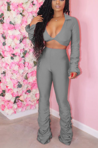 Grey OL Solid Draped crop top Boot Cut Long Sleeve Two Pieces