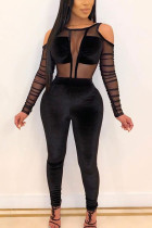 Svarta sexiga mesh solid långärmad o-hals jumpsuits