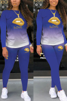 Синий молочный шелк модный активный взрослый мэм костюм из двух предметов губы принт карандаш с длинным рукавом из двух предметов