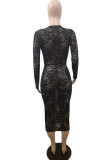 Black Sexy Europe and America Long Sleeves V Neck Princess Dress Mid-Calf lace Dresses