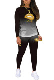 Black Milk Silk Fashion Active adult Ma'am Two Piece Suits Lips Print pencil Long Sleeve Two Pieces