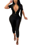 Black Fashion Sexy Solide rits Melk. Jumpsuits met korte mouwen en O-hals