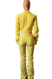 Yellow Sexy Europe and America Solid Draped Boot Cut Long Sleeve Two Pieces