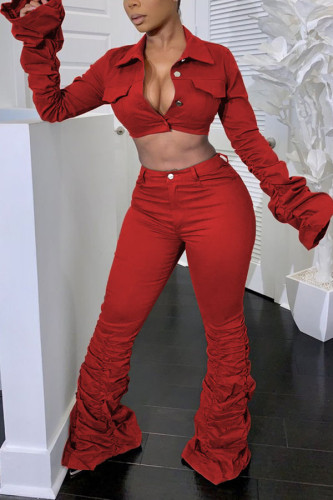 Red Sexy Europe and America Solid Draped Boot Cut Long Sleeve Two Pieces