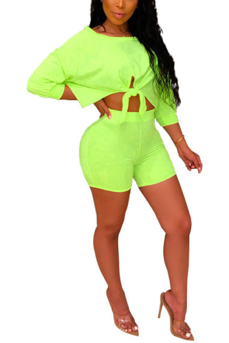 Green Milk Silk Active Patchwork Solid asymmetrical Fluorescent pencil Half Sleeve Two Pieces
