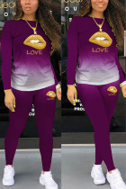 Фиолетовый молочный шелк модный активный взрослый мэм костюм из двух предметов губы принт карандаш с длинным рукавом из двух предметов