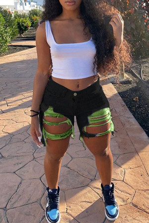 Green Broken Holes Distressed Ripped Denim Shorts