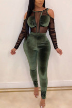 Grön sexig mesh solid långärmad o-hals jumpsuits