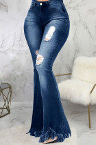 Jeans Alargado com Buracos Quebrados Azul Escuro