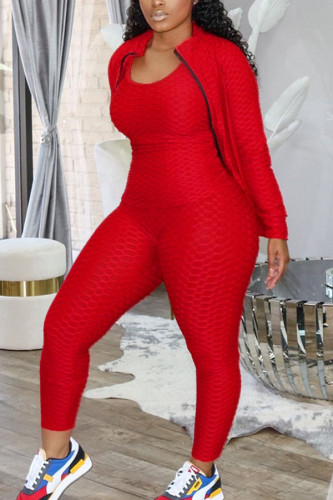 Red Sexy Active Solid Three-Piece Suits Turndown Collar Long Sleeve Cap Sleeve Regular Two Pieces