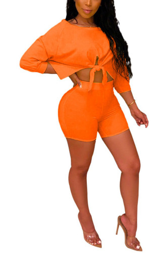 Orange Milk Silk Active Patchwork Solid asymmetrical Fluorescent pencil Half Sleeve Two Pieces