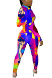 multicolor mode sexigt tryck blixtlås långärmad o-hals jumpsuits