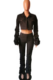Black Sexy Europe and America Solid Draped Boot Cut Long Sleeve Two Pieces