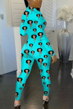 Blue Fashion Sexy Print zipper Long Sleeve O Neck Jumpsuits