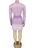 Pink Blends Celebrities Plaid Patchwork Print Hip skirt Long Sleeve Two Pieces