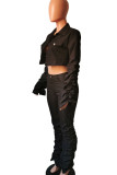 Black Sexy Europe and America Solid Draped Boot Cut Long Sleeve Two Pieces