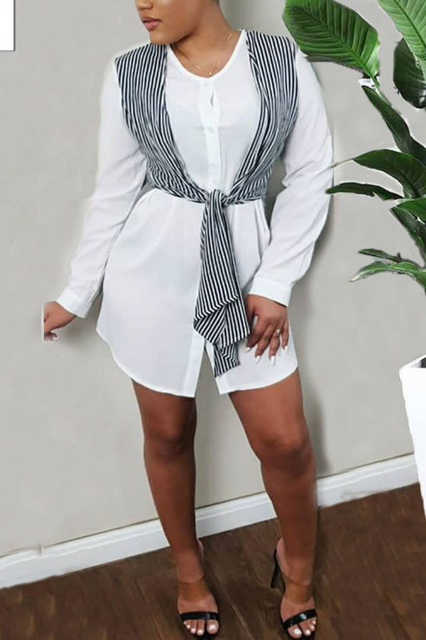 Signora adulta sexy moda bianca maniche a camicia maniche lunghe o collo abiti patchwork a righe al ginocchio a-line