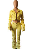 Yellow Sexy Europe and America Solid Draped Boot Cut Long Sleeve Two Pieces