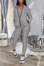 Grey Sexy Active Polyester Solid Three-Piece Suits Turndown Collar Long Sleeve Cap Sleeve Regular Two Pieces