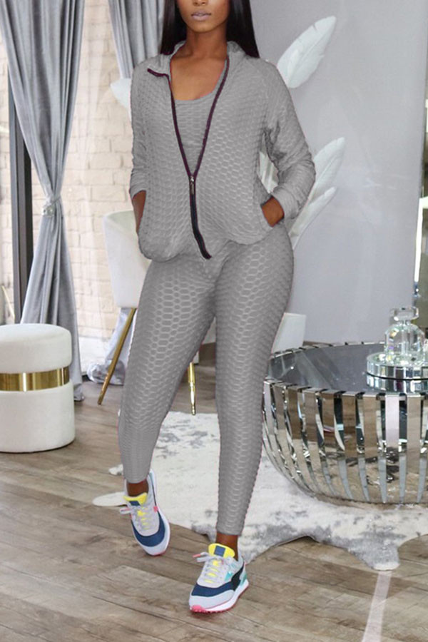 Grey Sexy Active Solid Three-Piece Suits Turndown Collar Long Sleeve Cap Sleeve Regular Two Pieces