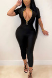 Black Fashion Sexy Solide rits Melk. Jumpsuits met korte mouwen en O-hals