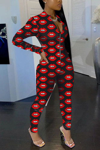 Black Fashion Sexy Print zipper Long Sleeve O Neck Jumpsuits