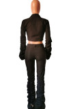 Black Sexy Europe and America Solid Draped Boot Cut Long Sleeve Two Pieces