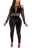 Zwarte sexy mesh-jumpsuits met lange mouwen en O-hals
