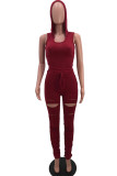 Wine Red Active Patchwork Solid Hole pencil Sleeveless Two Pieces