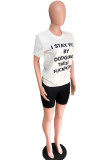 Black Casual Letter Print Fluorescent Straight Short Sleeve Two Pieces