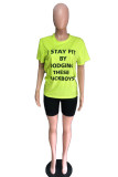 Fluorescent green Casual Letter Print Fluorescent Straight Short Sleeve Two Pieces