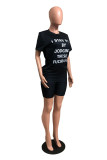 Black Casual Letter Print Fluorescent Straight Short Sleeve Two Pieces