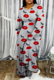 Красные сексуальные платья с длинными рукавами и круглым вырезом, прямые платья до щиколотки с принтом для губ