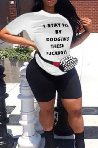 White Casual Letter Print Fluorescent Straight Short Sleeve Two Pieces