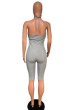 Grey Casual Solid Chemical fiber blend Sleeveless Slip Rompers
