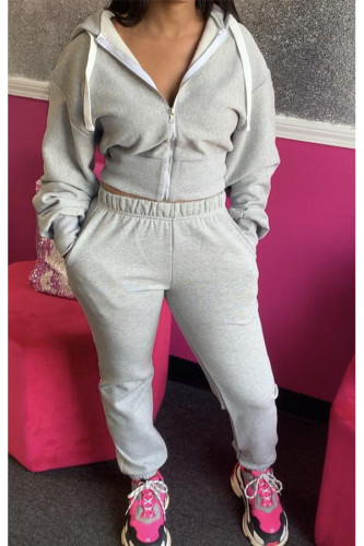 Grey Casual OL Long Sleeve Crop Sweatshirt And Pants Sportwear Two Piece Jogger Set