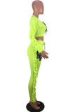 Fluorescent green OL Print Sequin Eyes Printed Skinny Long Sleeve Two Pieces