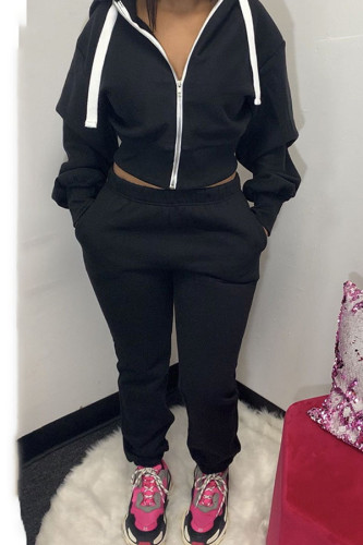 Black Casual OL Long Sleeve Crop Sweatshirt And Pants Sportwear Two Piece Jogger Set
