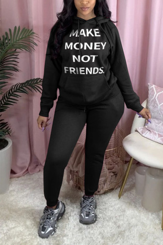 Black Casual England Letter Print Solid Straight Long Sleeve Two Pieces