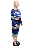 blue stripe England Striped Print pencil Long Sleeve Two Pieces