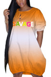 Orange Fashion Casual adult Ma'am Cap Sleeve Short Sleeves O neck Lantern skirt Knee-Length Character Dresses