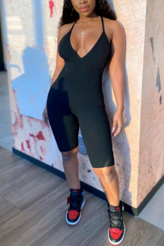 Black Casual Solid Chemical fiber blend Sleeveless Slip Rompers