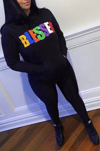 Black Casual England Letter Print pencil Long Sleeve Two Pieces