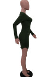 Army Green Fashion Sexy adult Ma'am Cap Sleeve Long Sleeves O neck Step Skirt skirt Solid Dresses