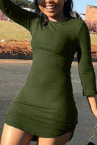 Armée Vert Polyester Mode Sexy adulte Ma'am Cap Manches Longues O cou Étape Jupe jupe Solide Robes