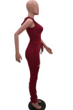 Wine Red Active Patchwork Solid Hole pencil Sleeveless Two Pieces