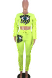 Fluorescent green OL Print Sequin Eyes Printed Skinny Long Sleeve Two Pieces