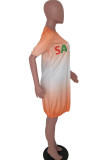 オレンジファッションカジュアル大人奥様キャップスリーブ半袖Oネックランタンスカート膝丈キャラクタードレス