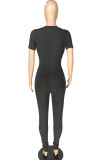Black Sexy Solid zipper Blend Short Sleeve O Neck Jumpsuits